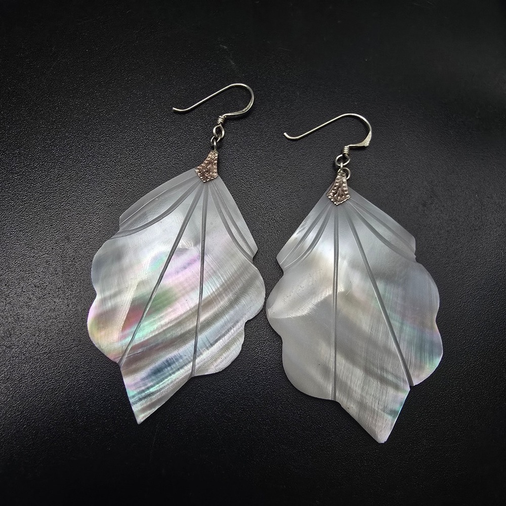 Mother of Pearl Leaf Earrings Sterling Silver Pierced Dangle Drop